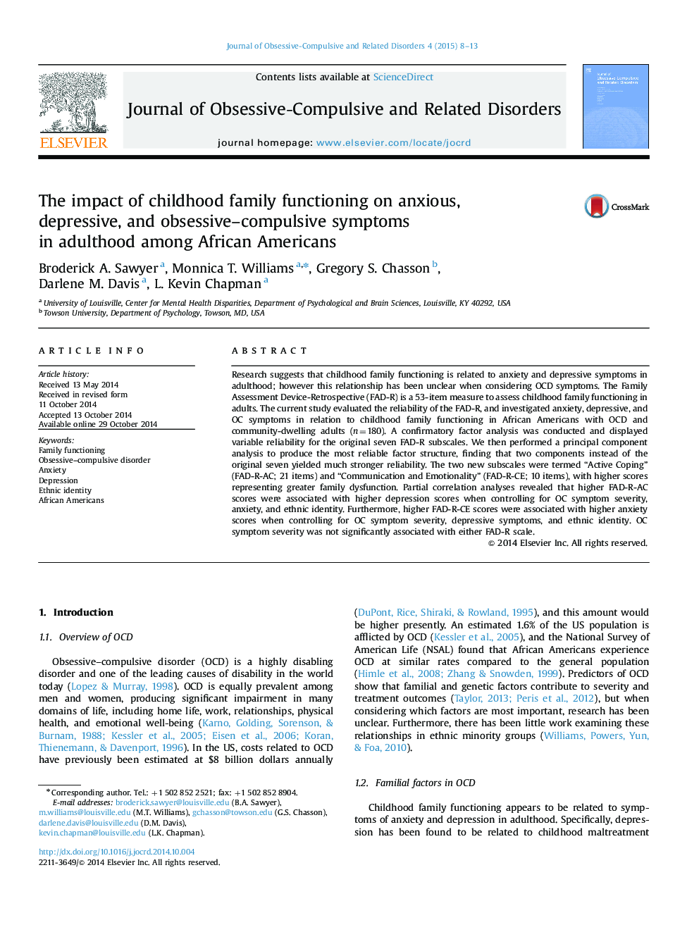 The impact of childhood family functioning on anxious, depressive, and obsessive–compulsive symptoms in adulthood among African Americans