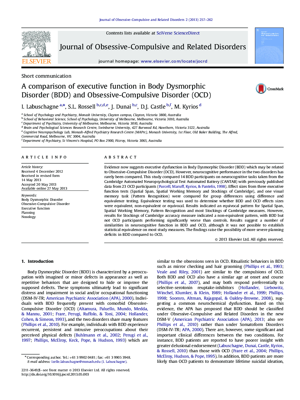 A comparison of executive function in Body Dysmorphic Disorder (BDD) and Obsessive-Compulsive Disorder (OCD)