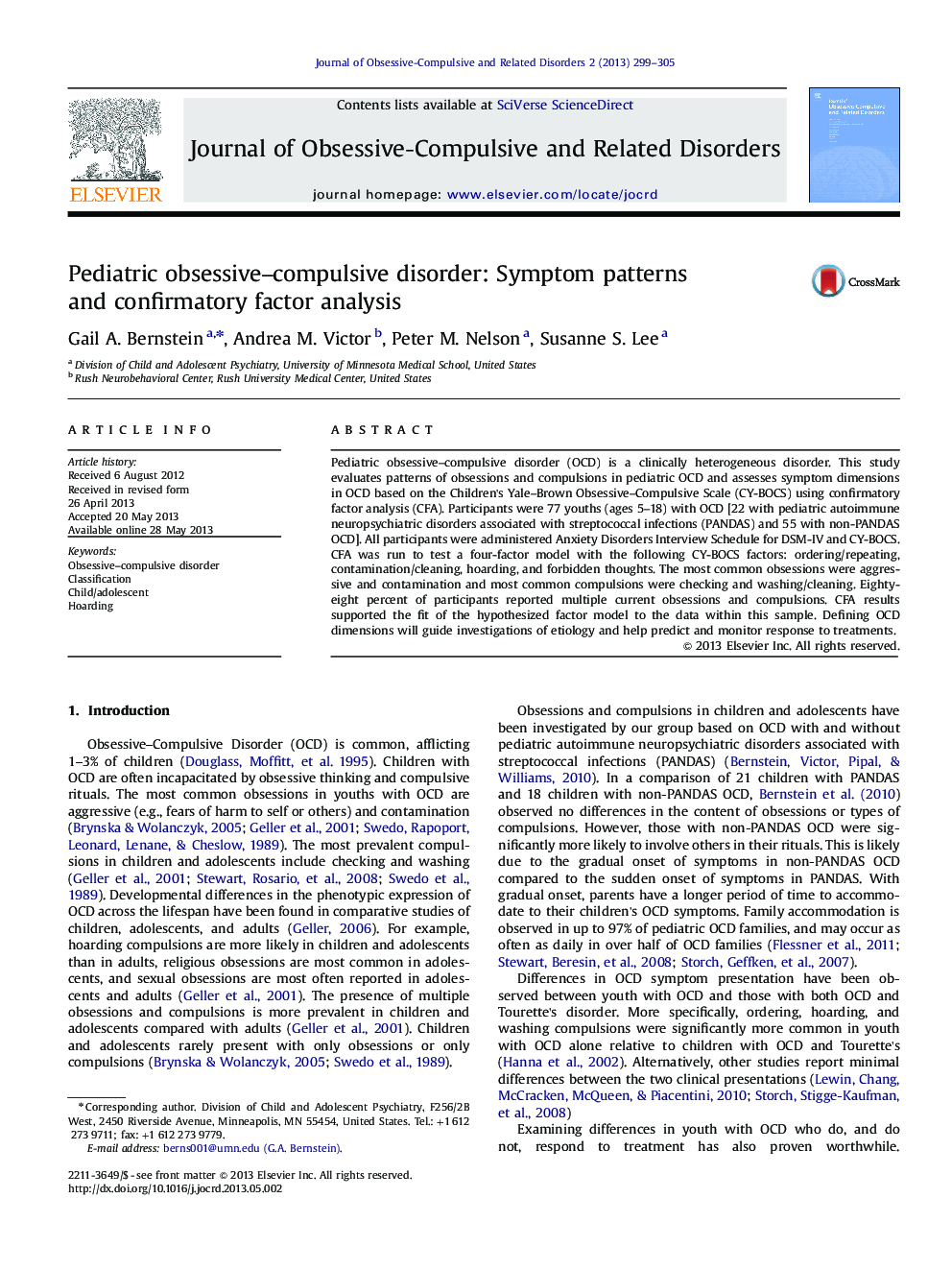 Pediatric obsessive–compulsive disorder: Symptom patterns and confirmatory factor analysis