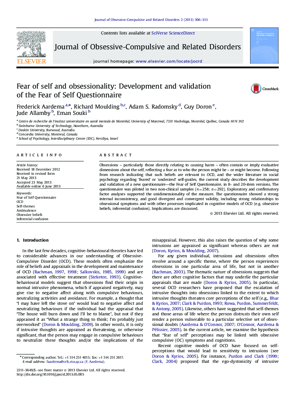 Fear of self and obsessionality: Development and validation of the Fear of Self Questionnaire