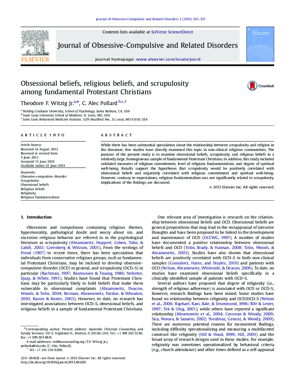 Obsessional beliefs, religious beliefs, and scrupulosity among fundamental Protestant Christians