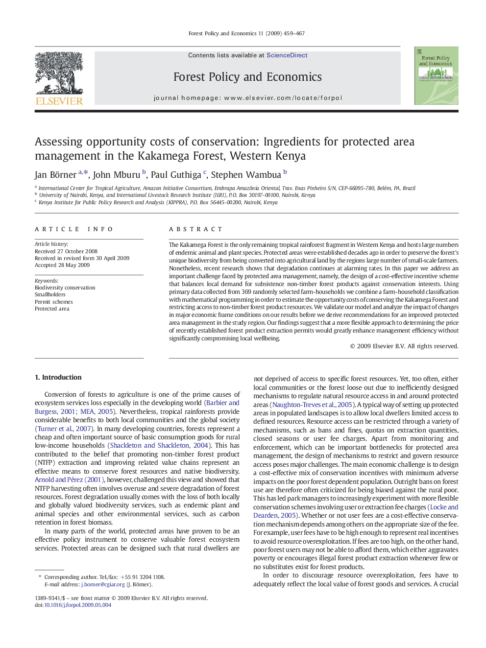 Assessing opportunity costs of conservation: Ingredients for protected area management in the Kakamega Forest, Western Kenya