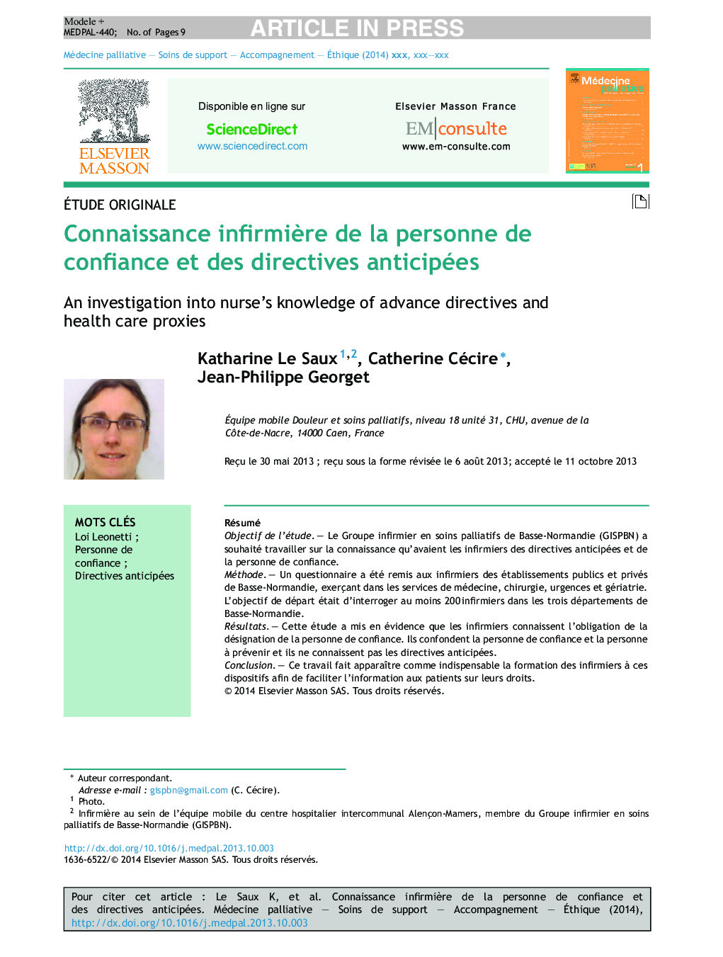 Connaissance infirmiÃ¨re de la personne de confiance et des directives anticipées