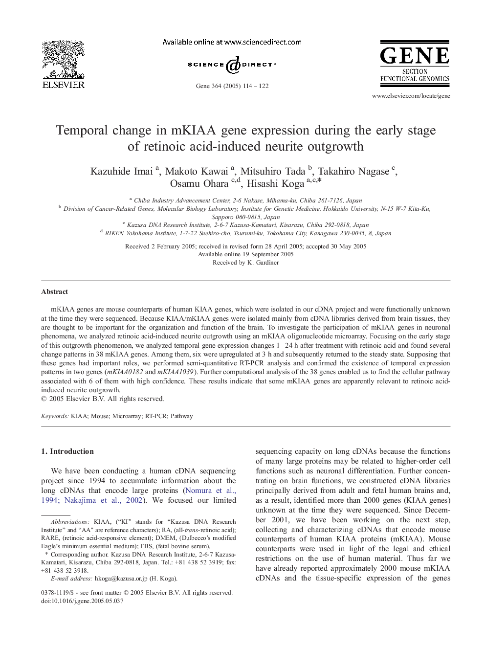 Temporal change in mKIAA gene expression during the early stage of retinoic acid-induced neurite outgrowth