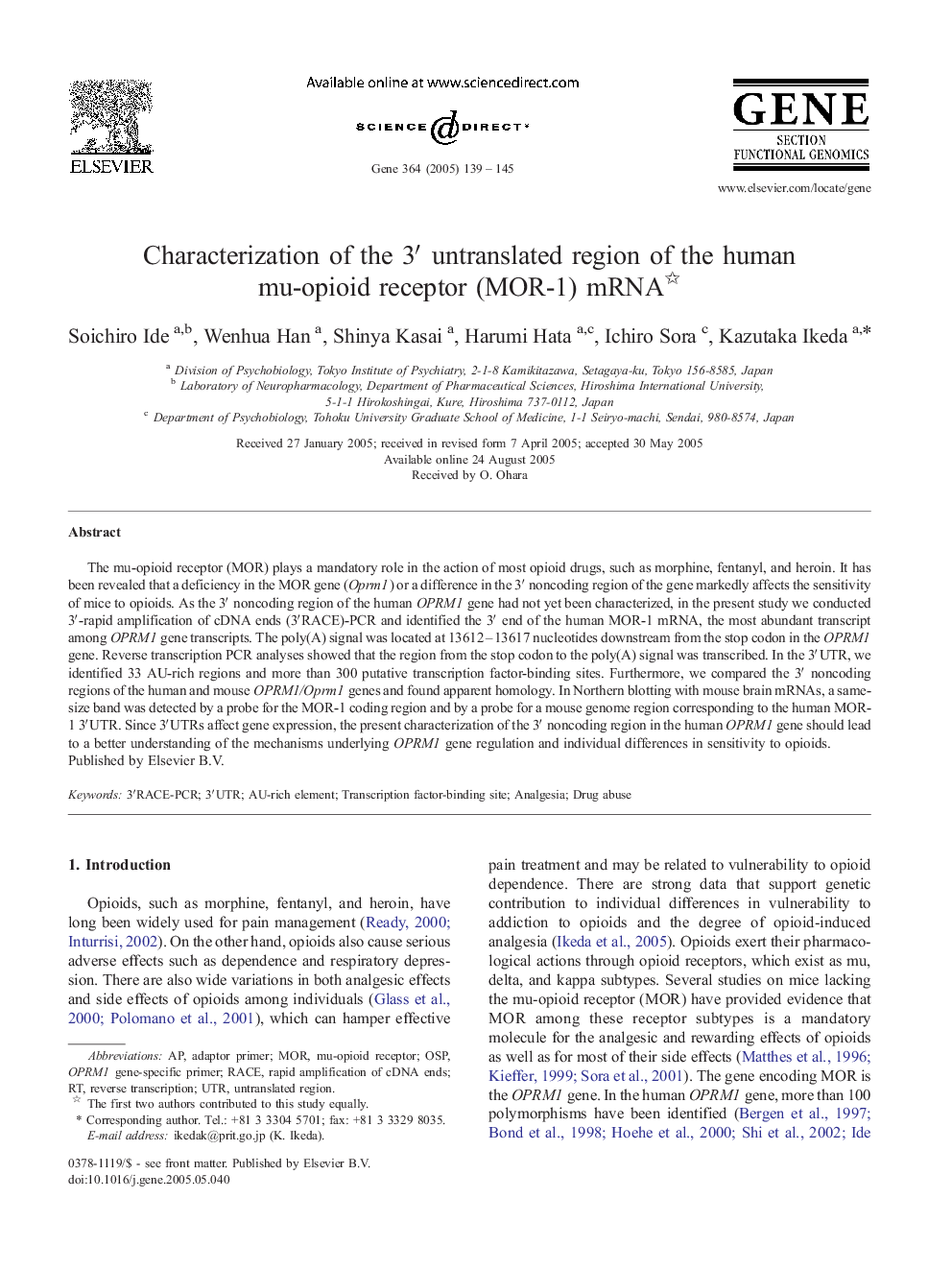 Characterization of the 3â² untranslated region of the human mu-opioid receptor (MOR-1) mRNA