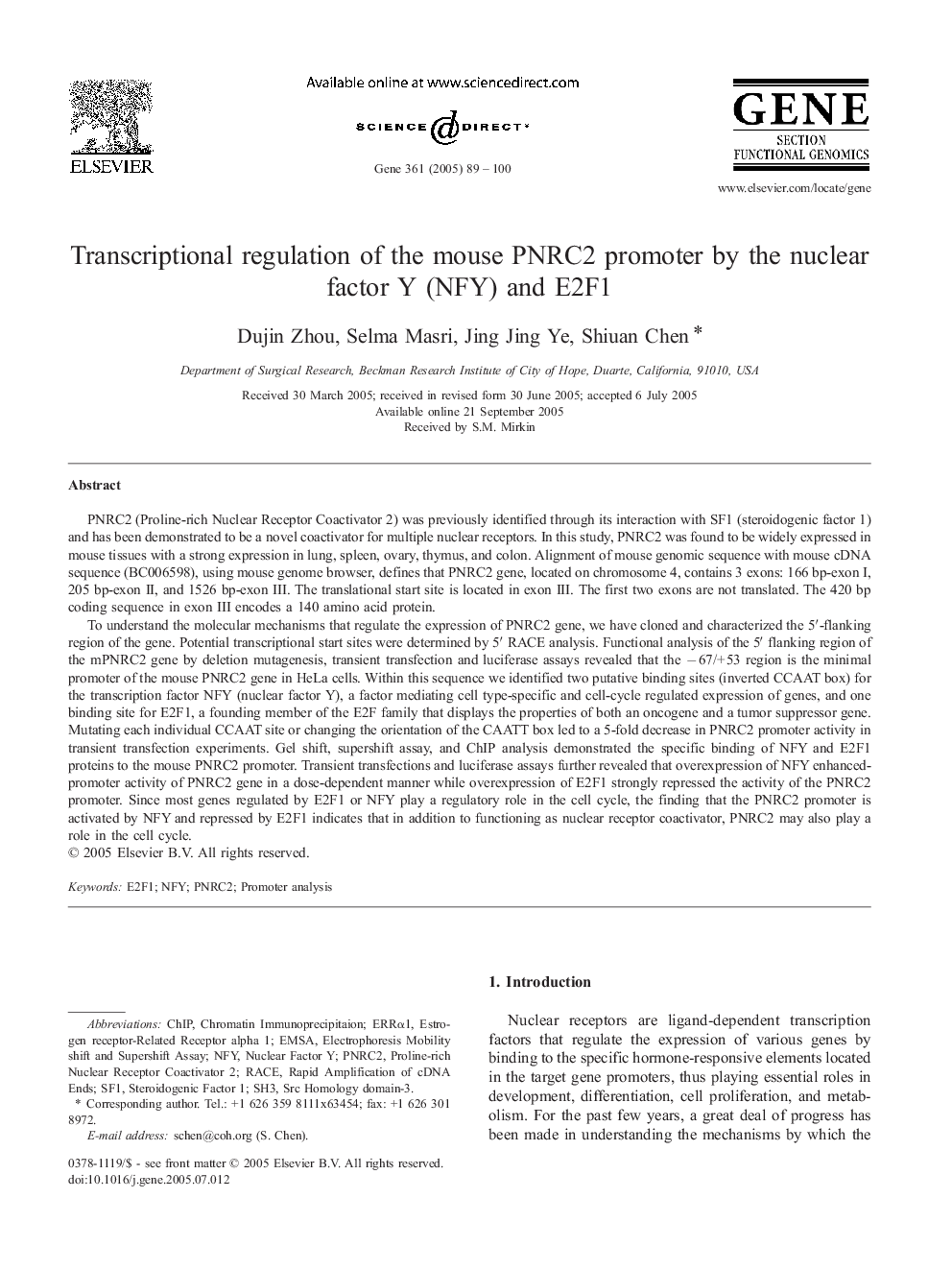 Transcriptional regulation of the mouse PNRC2 promoter by the nuclear factor Y (NFY) and E2F1