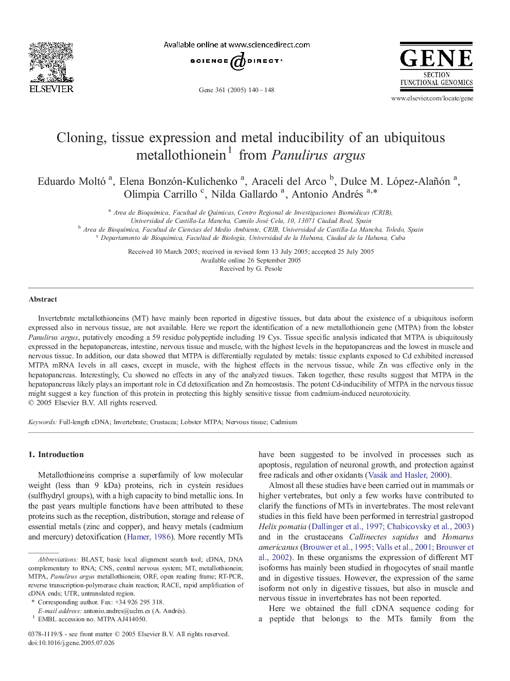 Cloning, tissue expression and metal inducibility of an ubiquitous metallothionein1 from Panulirus argus