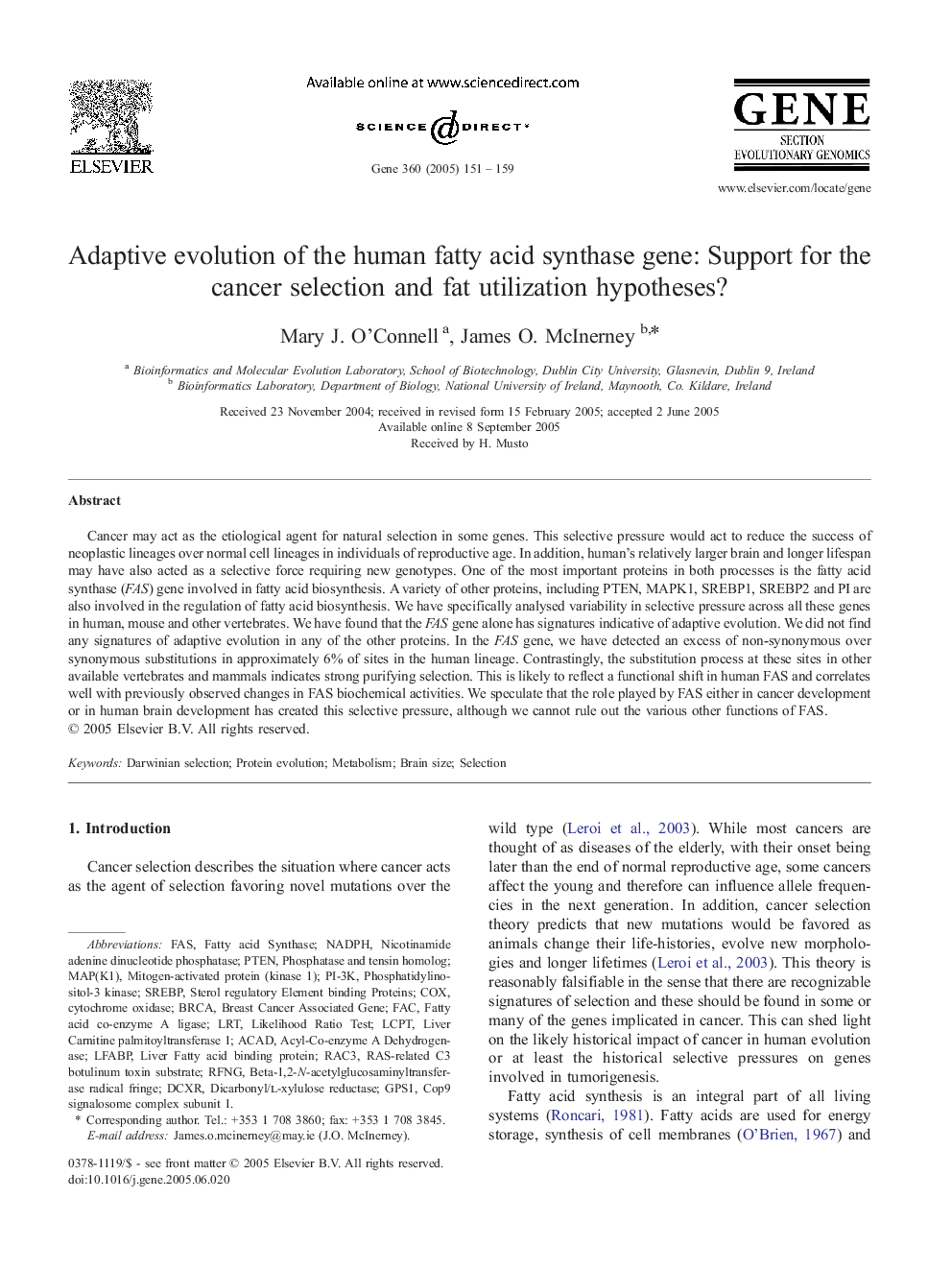 عکس صفحه اول مقاله: Adaptive evolution of the human fatty acid synthase gene: Support for the cancer selection and fat utilization hypotheses? Adaptive evolution of the human fatty acid synthase gene: Support for the cancer selection and fat utilization hypotheses?