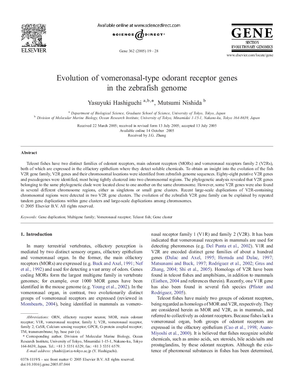 Evolution of vomeronasal-type odorant receptor genes in the zebrafish genome