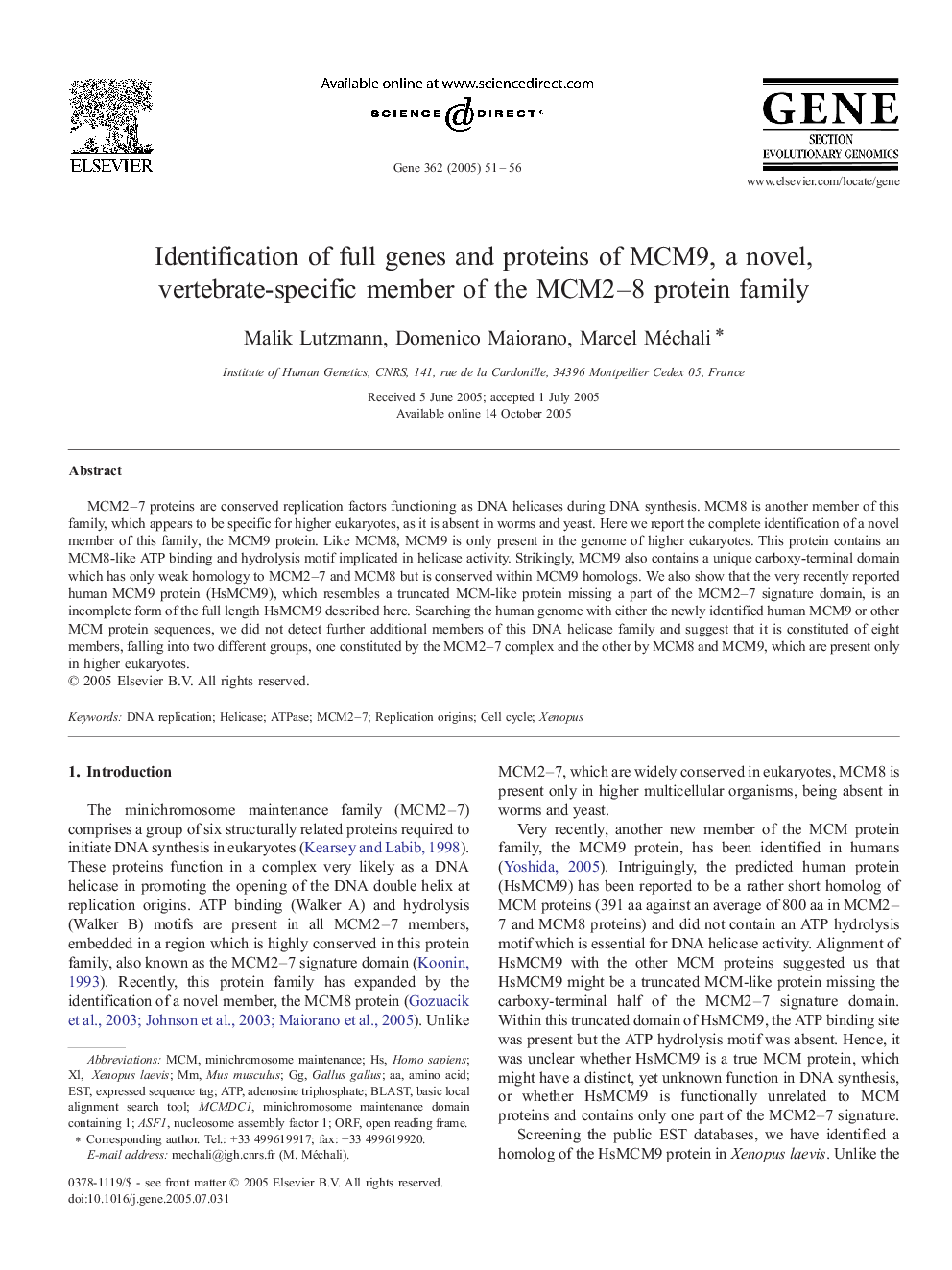 Identification of full genes and proteins of MCM9, a novel, vertebrate-specific member of the MCM2-8 protein family