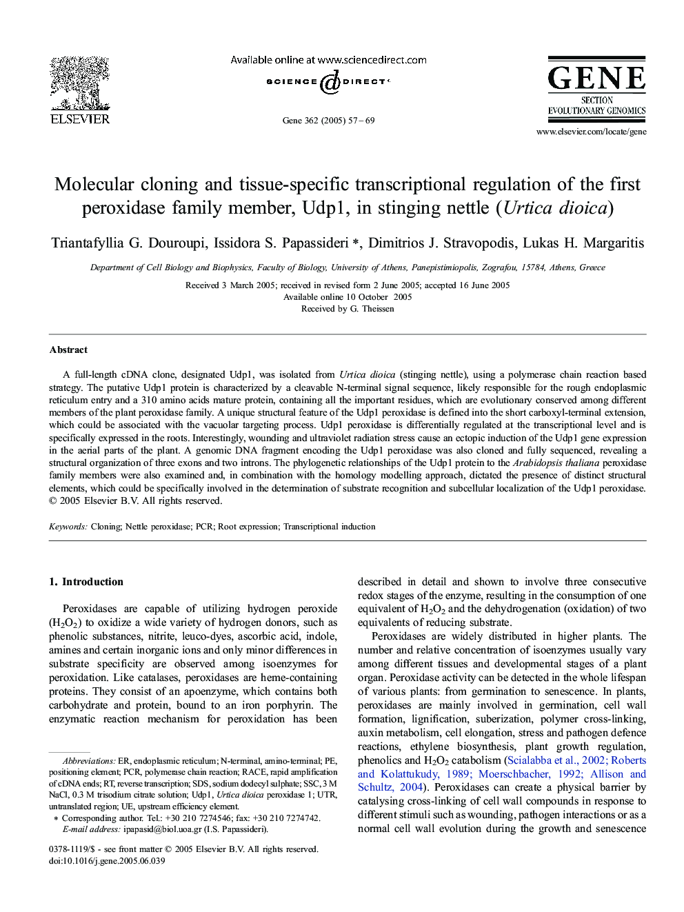 Molecular cloning and tissue-specific transcriptional regulation of the first peroxidase family member, Udp1, in stinging nettle (Urtica dioica)