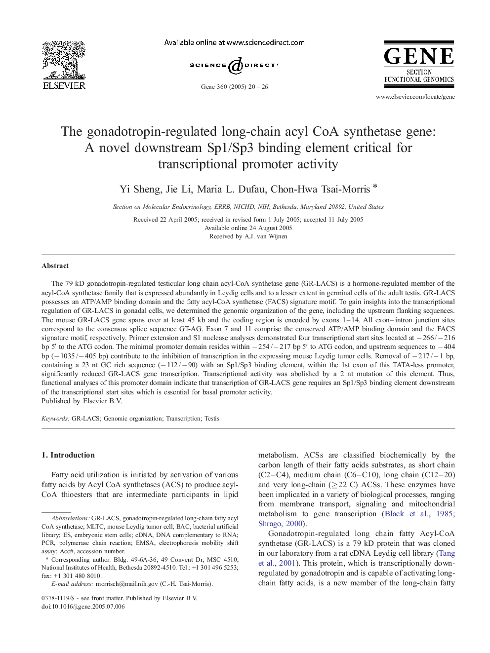 The gonadotropin-regulated long-chain acyl CoA synthetase gene: A novel downstream Sp1/Sp3 binding element critical for transcriptional promoter activity