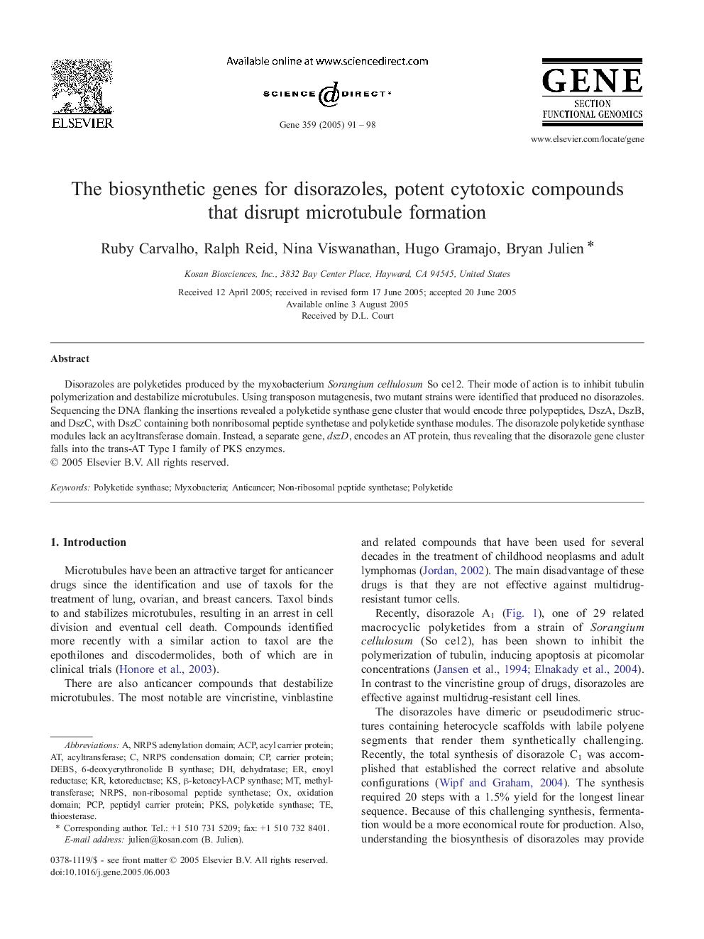 The biosynthetic genes for disorazoles, potent cytotoxic compounds that disrupt microtubule formation