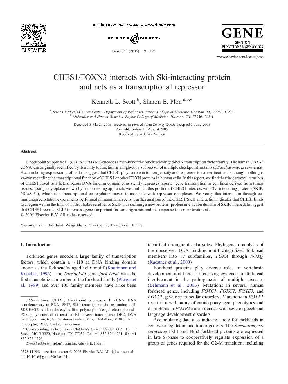 CHES1/FOXN3 interacts with Ski-interacting protein and acts as a transcriptional repressor