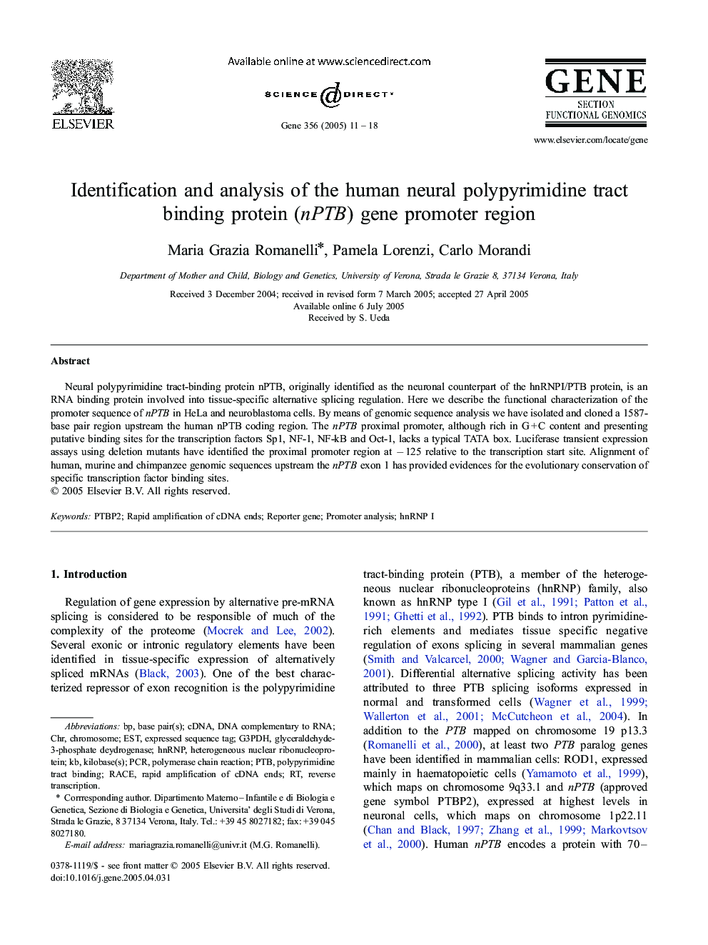 Identification and analysis of the human neural polypyrimidine tract binding protein (nPTB) gene promoter region