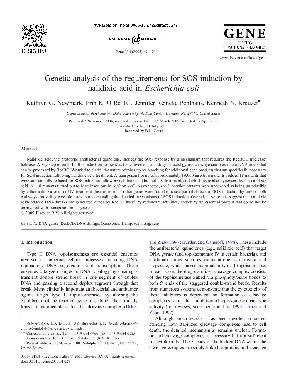 Genetic analysis of the requirements for SOS induction by nalidixic acid in Escherichia coli