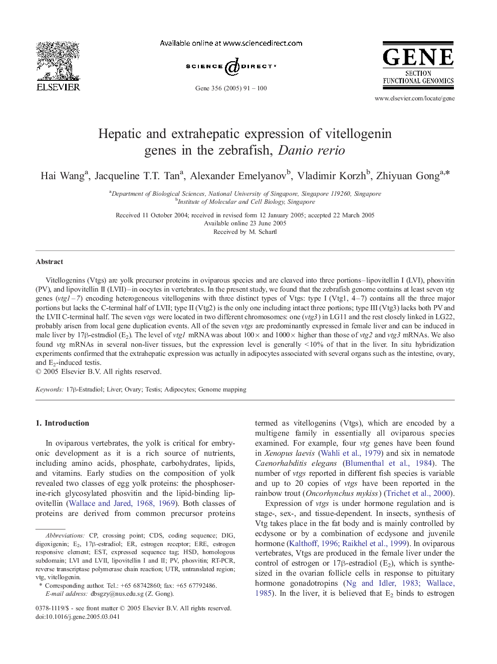 Hepatic and extrahepatic expression of vitellogenin genes in the zebrafish, Danio rerio