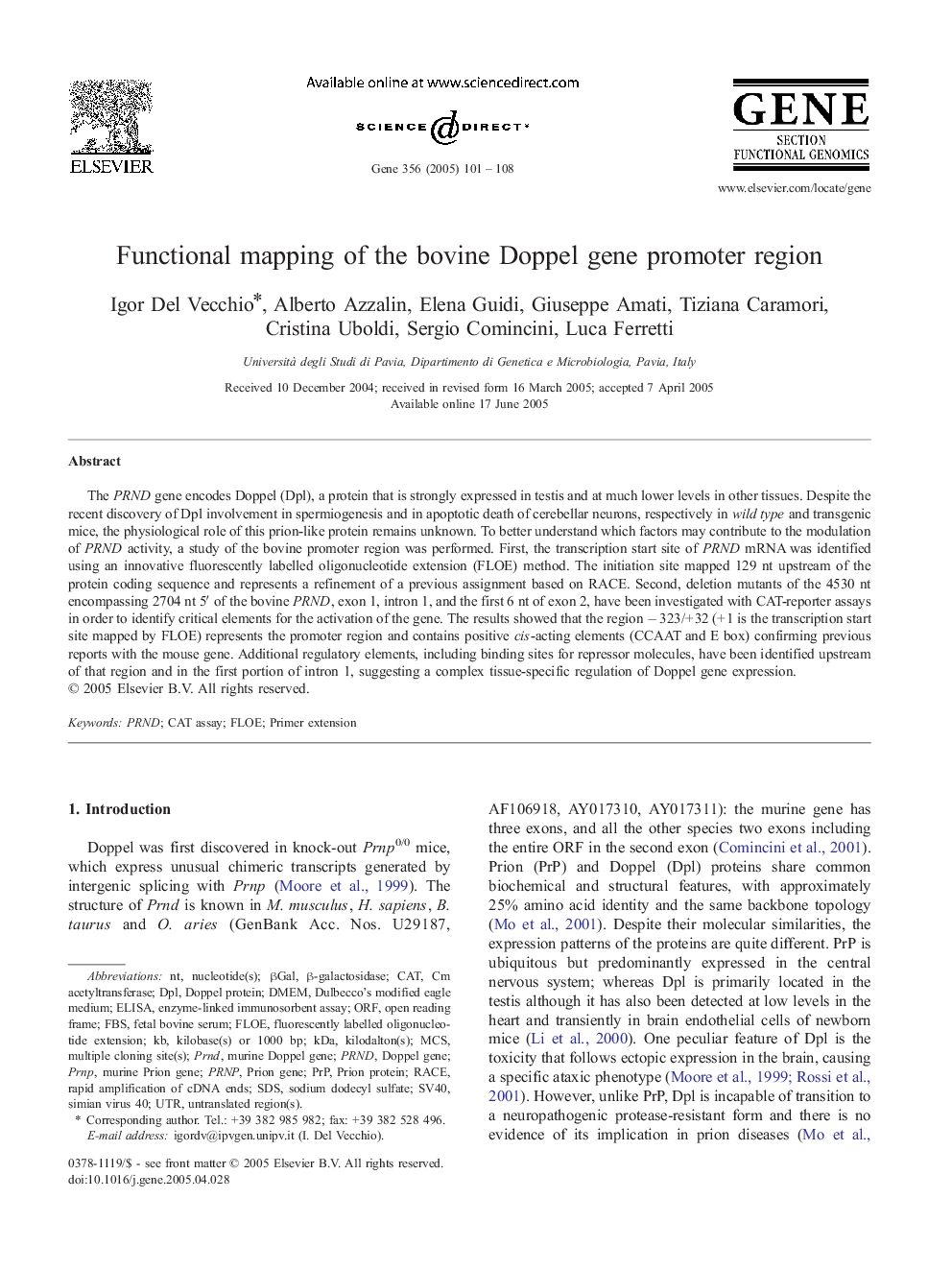 Functional mapping of the bovine Doppel gene promoter region