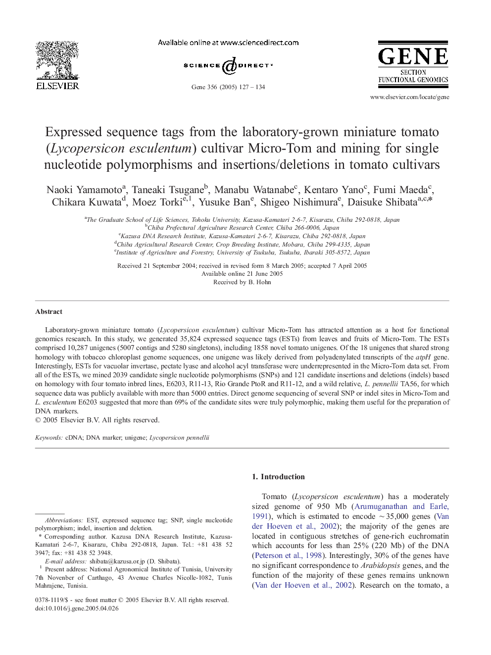 Expressed sequence tags from the laboratory-grown miniature tomato (Lycopersicon esculentum) cultivar Micro-Tom and mining for single nucleotide polymorphisms and insertions/deletions in tomato cultivars