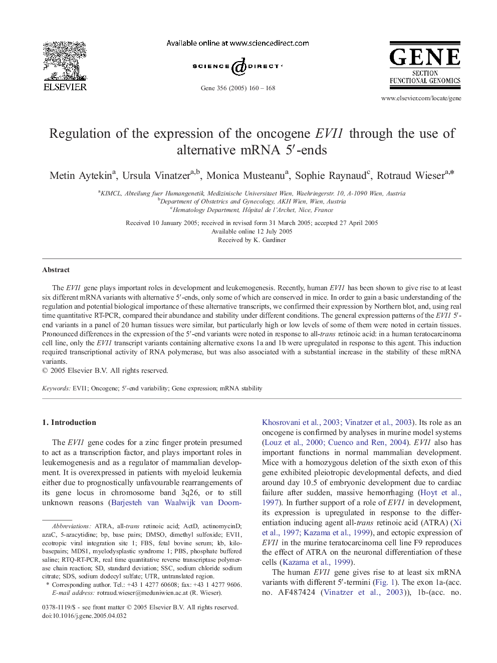 Regulation of the expression of the oncogene EVI1 through the use of alternative mRNA 5â²-ends