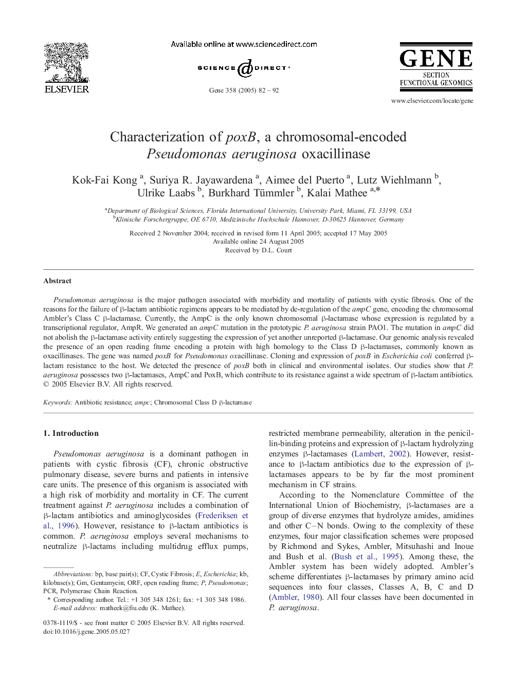 Characterization of poxB, a chromosomal-encoded Pseudomonas aeruginosa oxacillinase