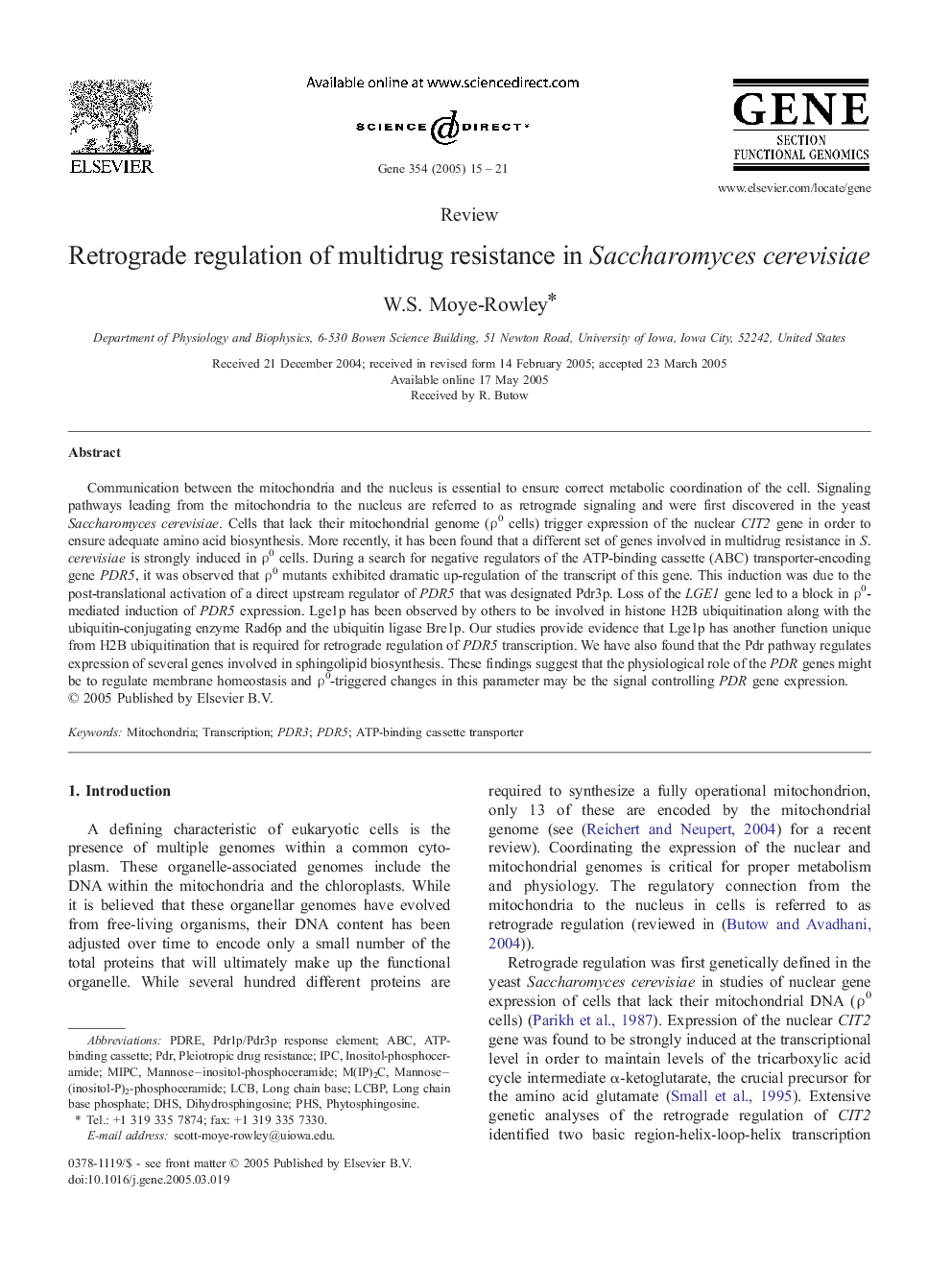 Retrograde regulation of multidrug resistance in Saccharomyces cerevisiae