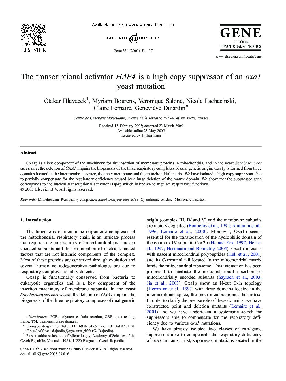 The transcriptional activator HAP4 is a high copy suppressor of an oxa1 yeast mutation