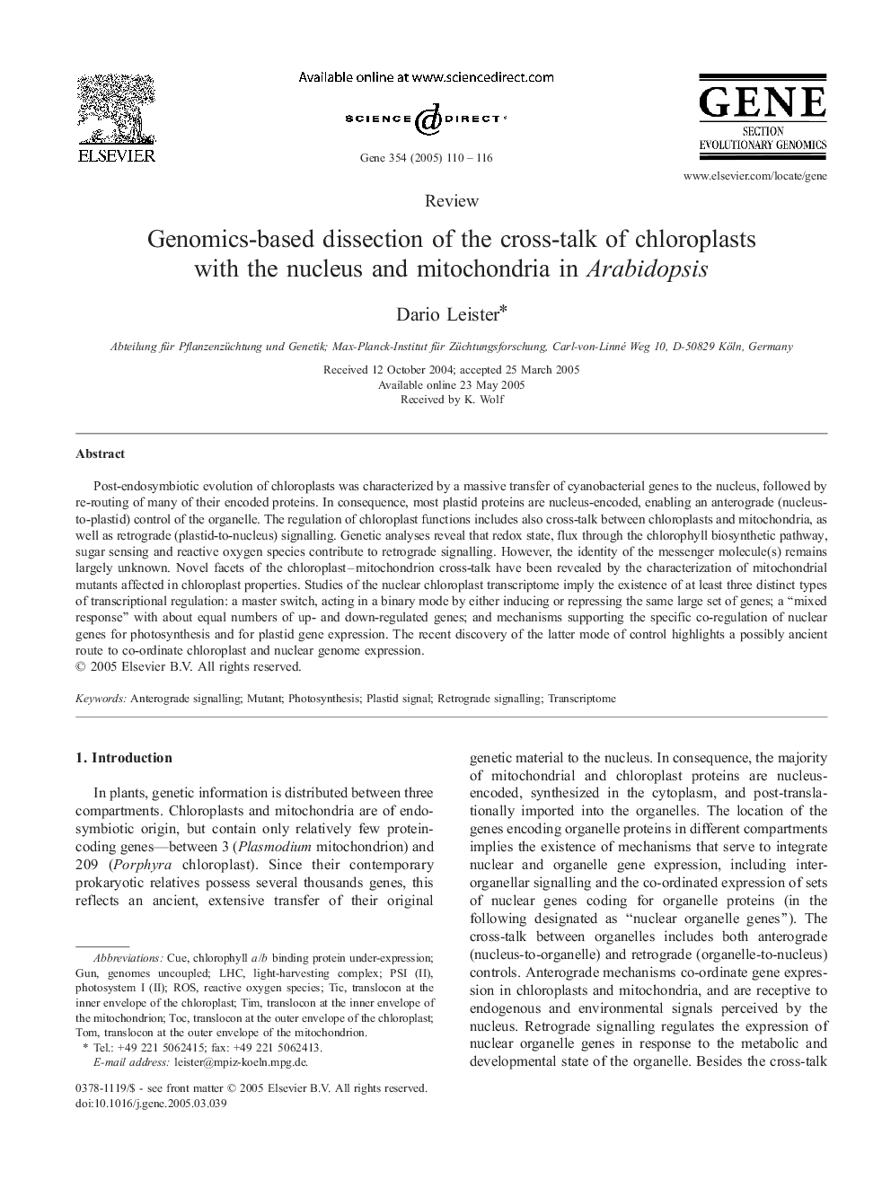 Genomics-based dissection of the cross-talk of chloroplasts with the nucleus and mitochondria in Arabidopsis