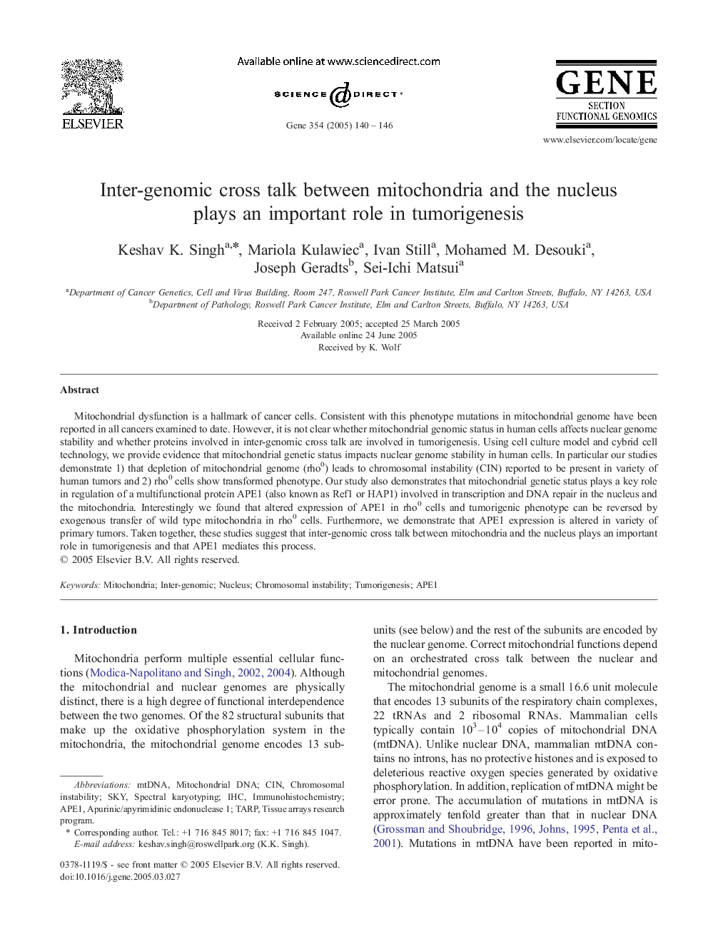 Inter-genomic cross talk between mitochondria and the nucleus plays an important role in tumorigenesis