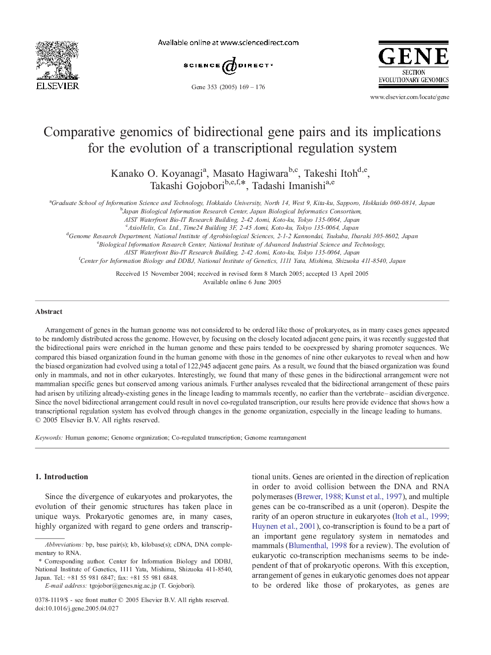 Comparative genomics of bidirectional gene pairs and its implications for the evolution of a transcriptional regulation system