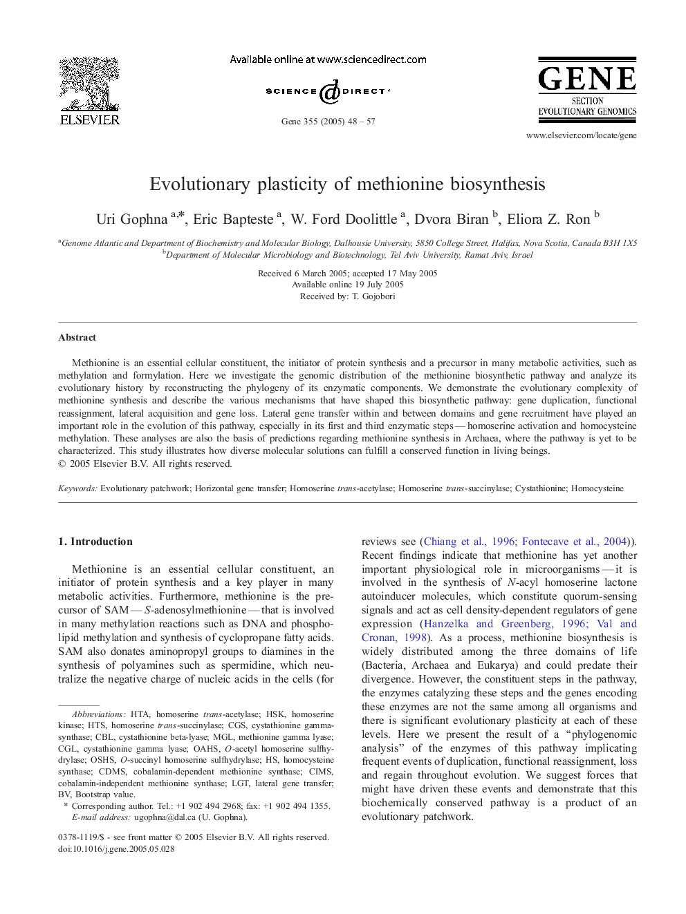 Evolutionary plasticity of methionine biosynthesis