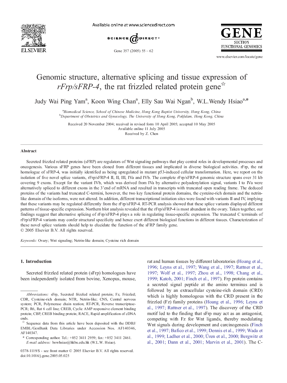 Genomic structure, alternative splicing and tissue expression of rFrp/sFRP-4, the rat frizzled related protein gene