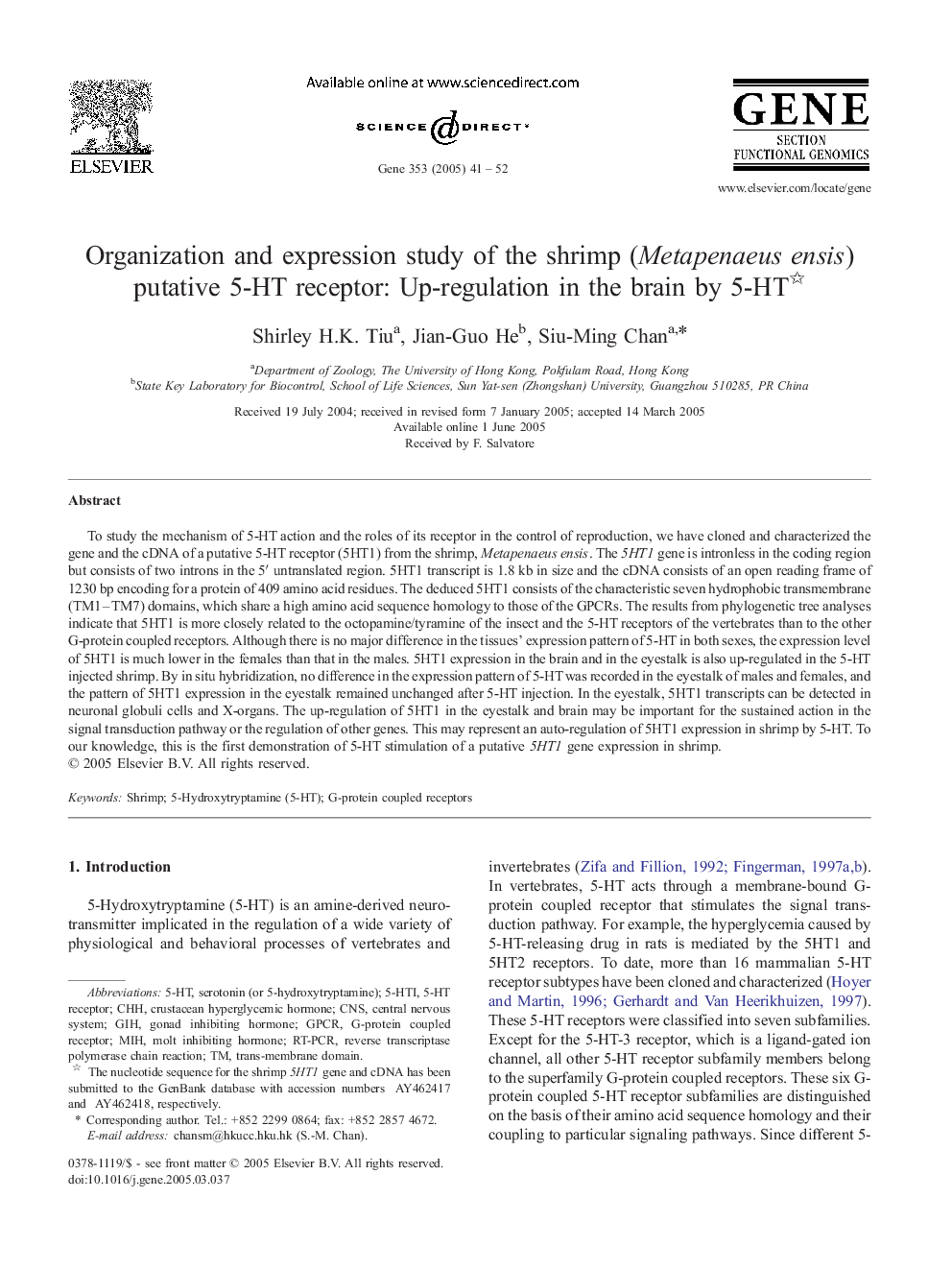 Organization and expression study of the shrimp (Metapenaeus ensis) putative 5-HT receptor: Up-regulation in the brain by 5-HT