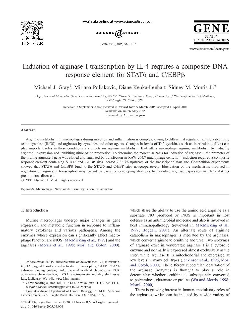 Induction of arginase I transcription by IL-4 requires a composite DNA response element for STAT6 and C/EBPÎ²