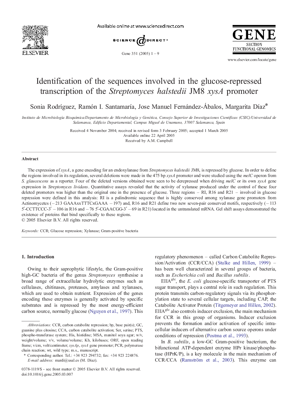 Identification of the sequences involved in the glucose-repressed transcription of the Streptomyces halstedii JM8 xysA promoter