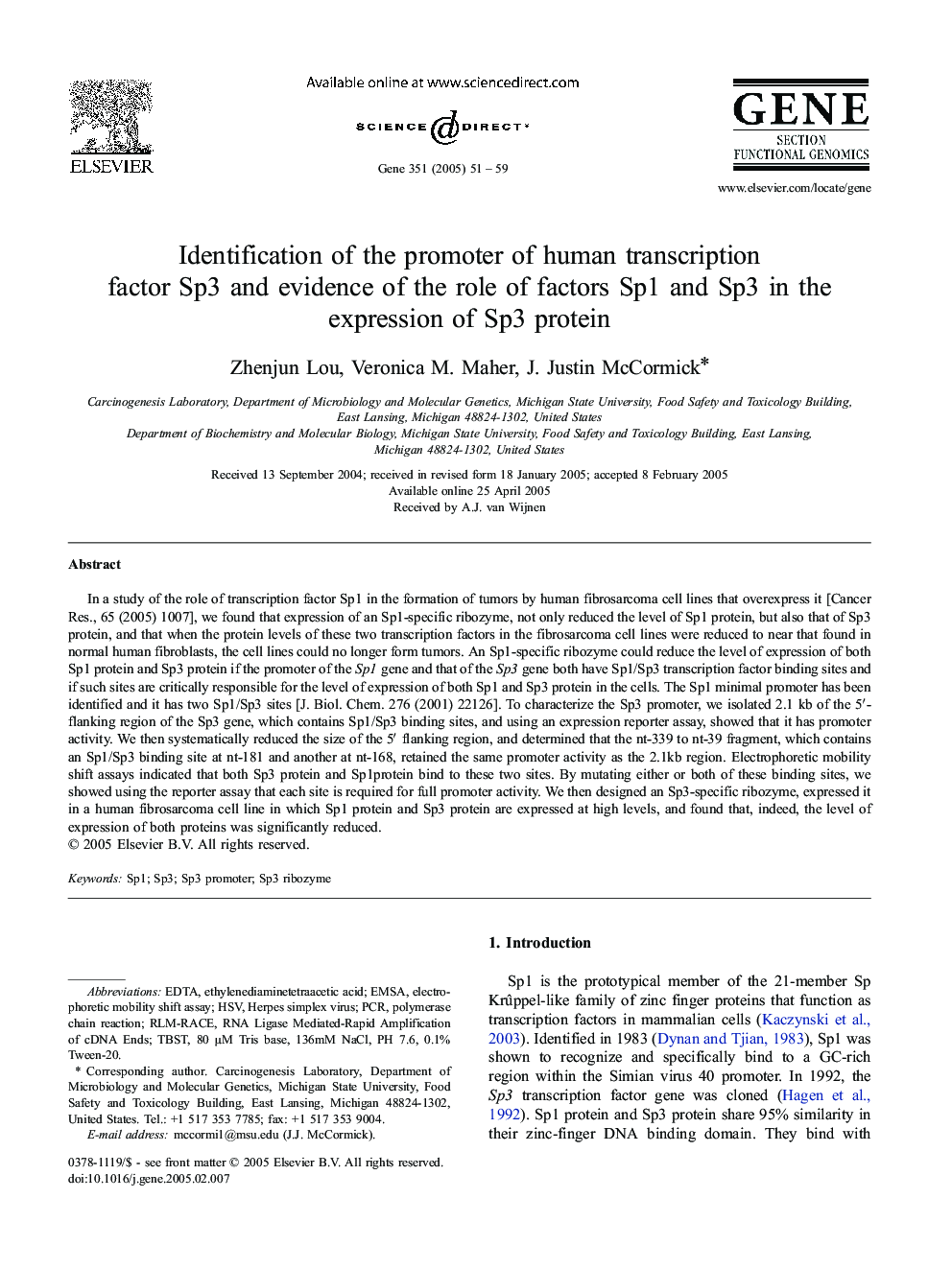 Identification of the promoter of human transcription factor Sp3 and evidence of the role of factors Sp1 and Sp3 in the expression of Sp3 protein