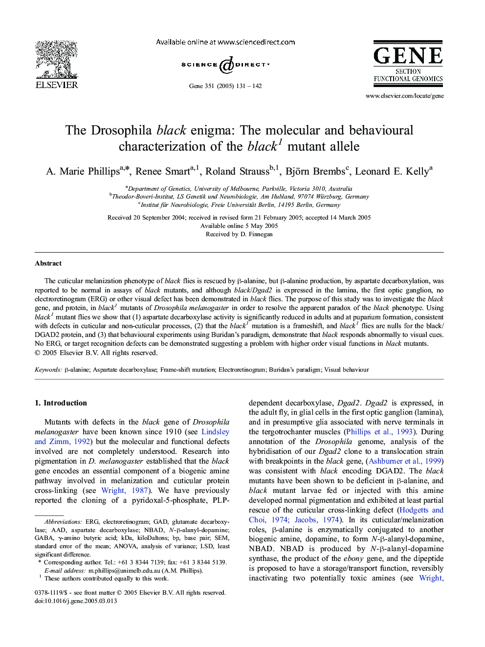 The Drosophila black enigma: The molecular and behavioural characterization of the black1 mutant allele