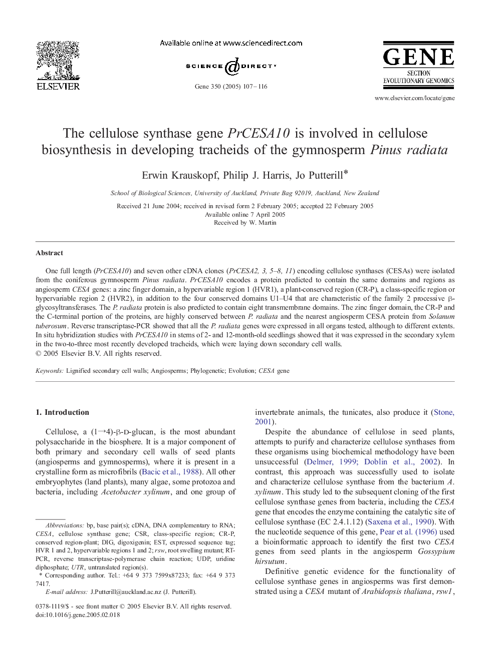 The cellulose synthase gene PrCESA10 is involved in cellulose biosynthesis in developing tracheids of the gymnosperm Pinus radiata