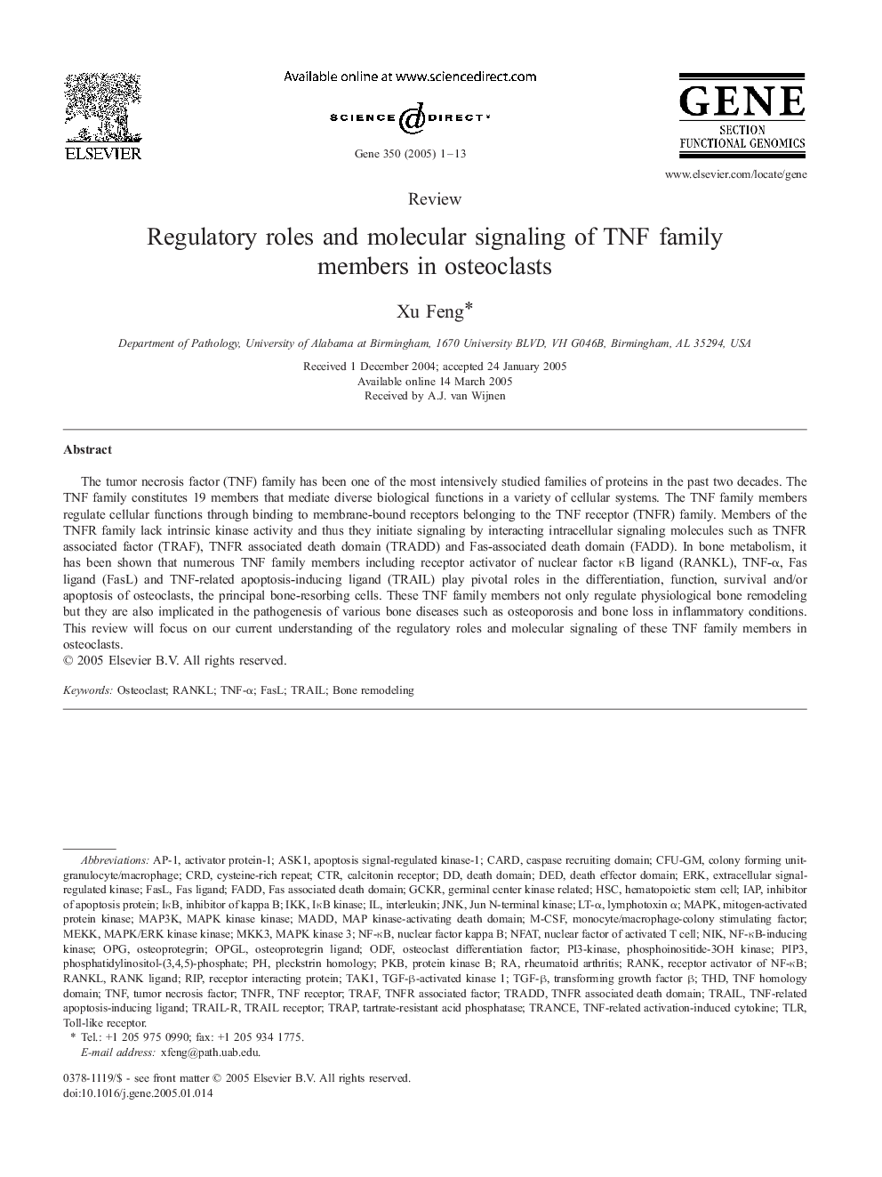 Regulatory roles and molecular signaling of TNF family members in osteoclasts