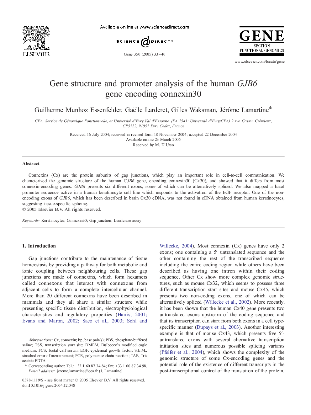 Gene structure and promoter analysis of the human GJB6 gene encoding connexin30