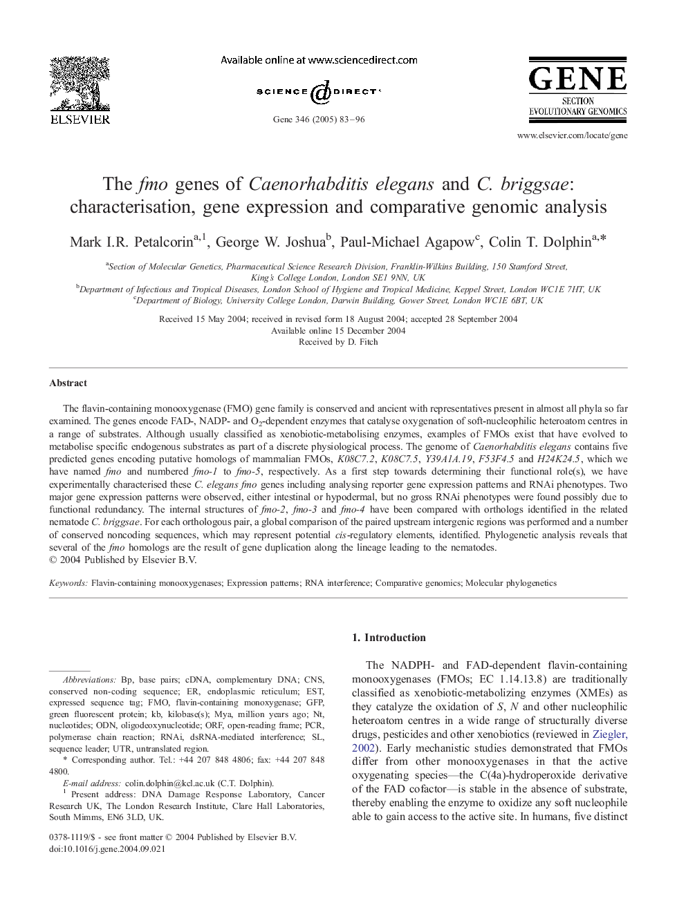 The fmo genes of Caenorhabditis elegans and C. briggsae: characterisation, gene expression and comparative genomic analysis