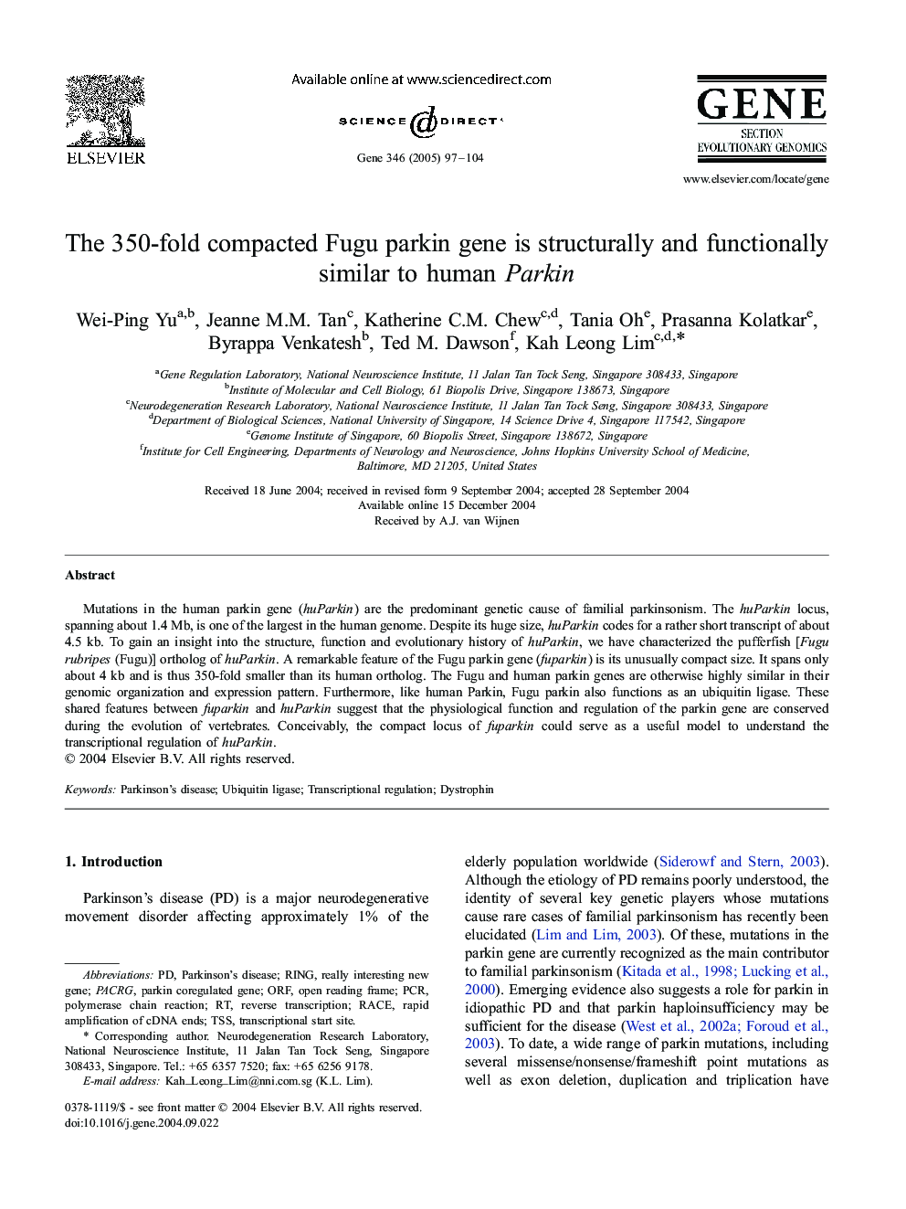 The 350-fold compacted Fugu parkin gene is structurally and functionally similar to human Parkin