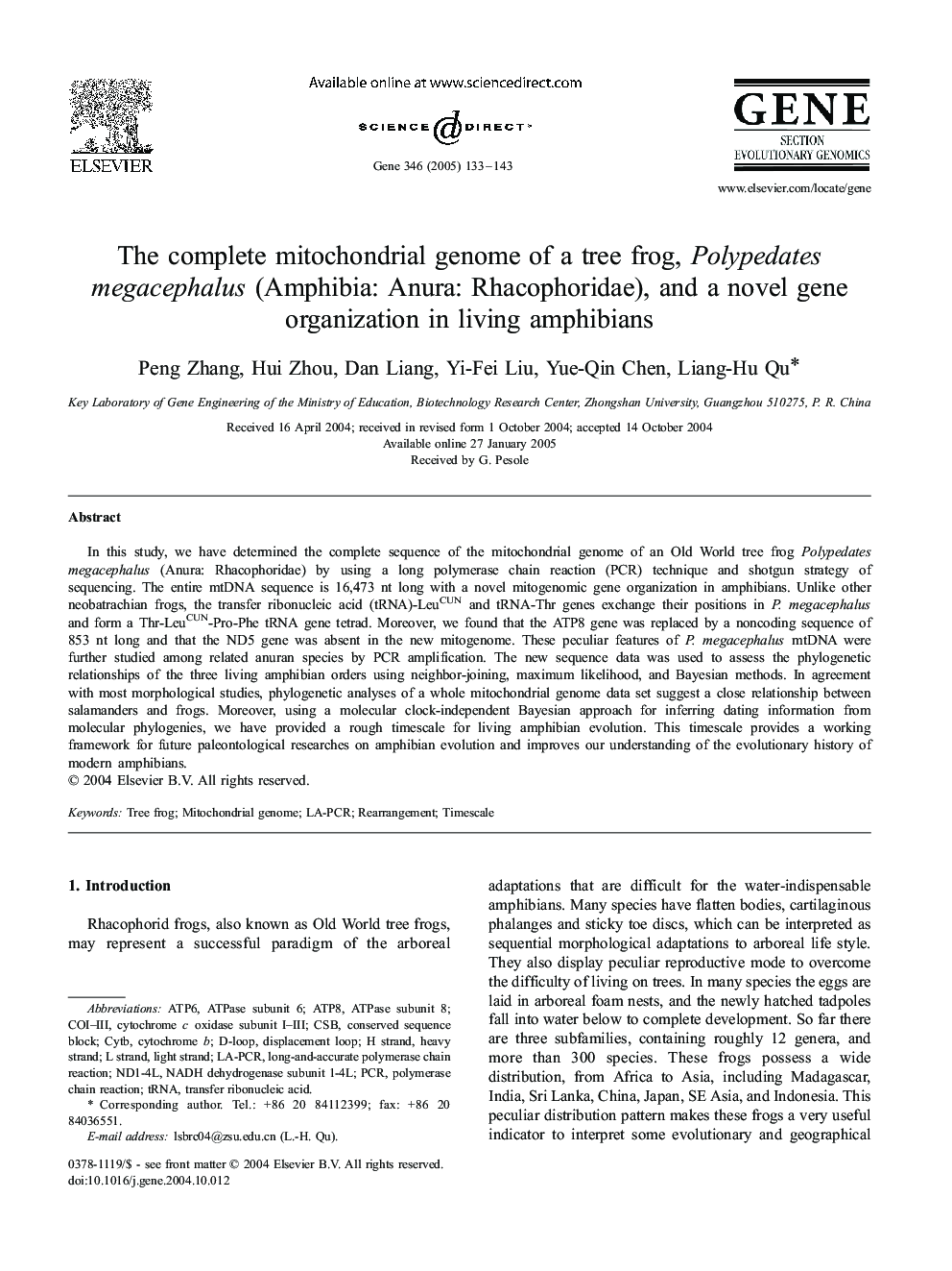 The complete mitochondrial genome of a tree frog, Polypedates megacephalus (Amphibia: Anura: Rhacophoridae), and a novel gene organization in living amphibians