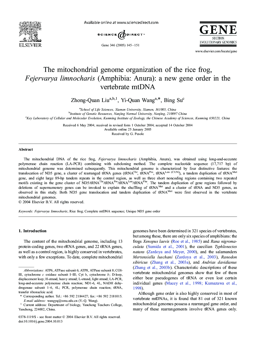 The mitochondrial genome organization of the rice frog, Fejervarya limnocharis (Amphibia: Anura): a new gene order in the vertebrate mtDNA