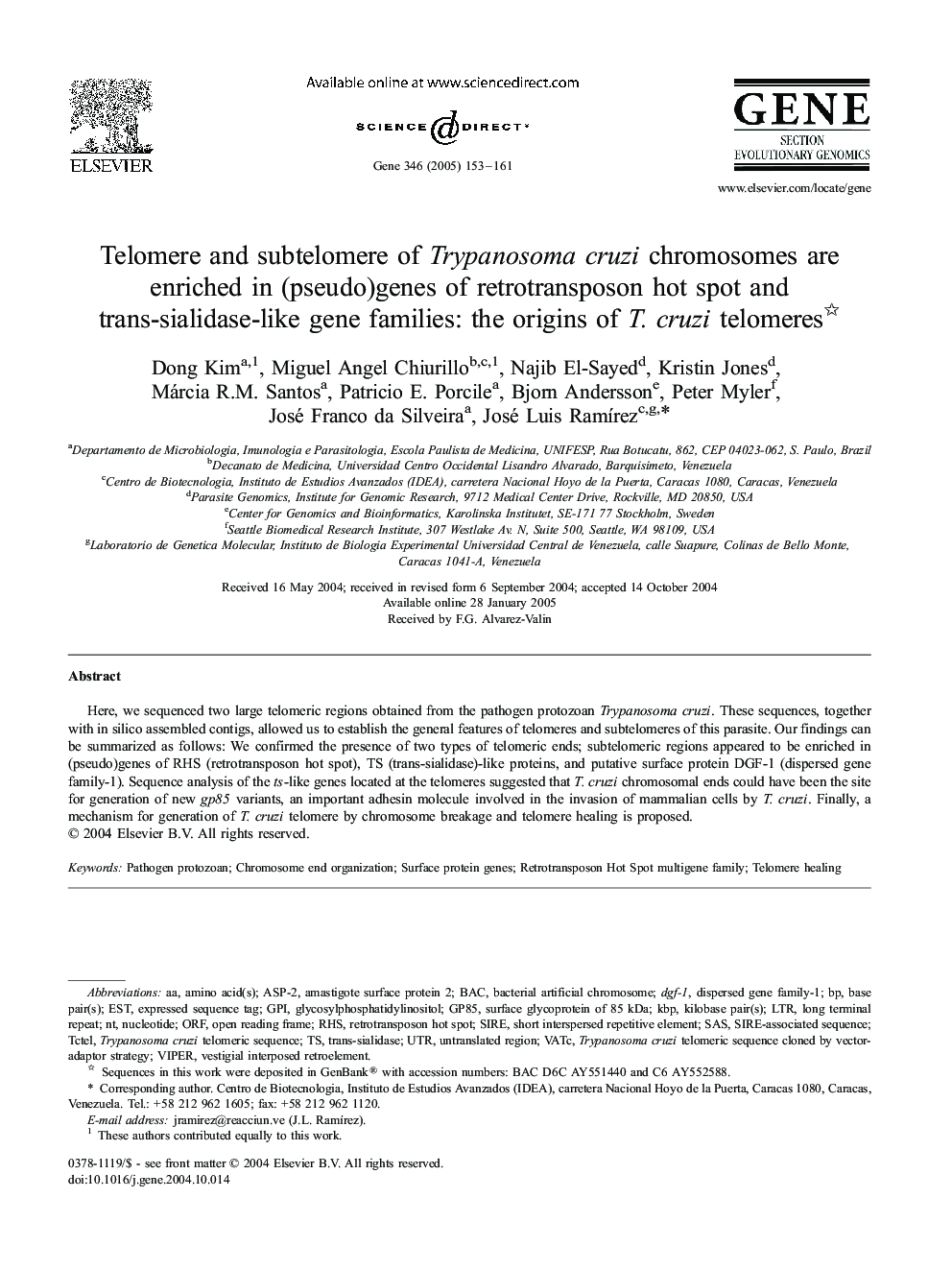 Telomere and subtelomere of Trypanosoma cruzi chromosomes are enriched in (pseudo)genes of retrotransposon hot spot and trans-sialidase-like gene families: the origins of T. cruzi telomeres