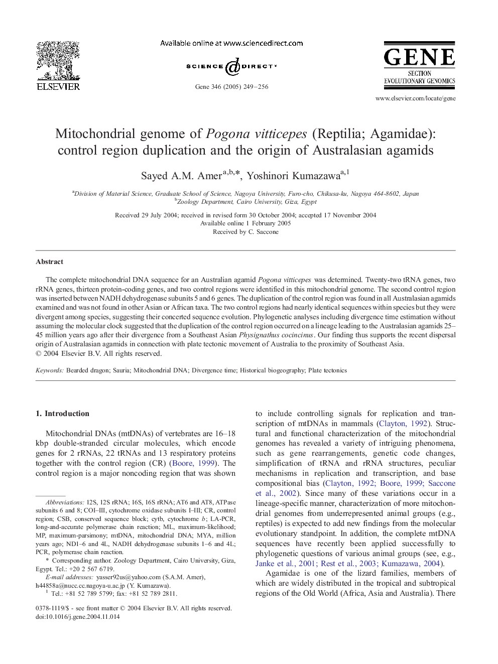 Mitochondrial genome of Pogona vitticepes (Reptilia; Agamidae): control region duplication and the origin of Australasian agamids