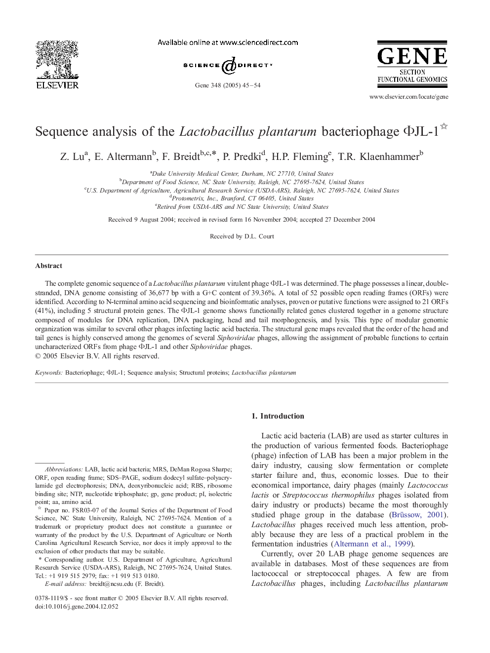 Sequence analysis of the Lactobacillus plantarum bacteriophage Î¦JL-1