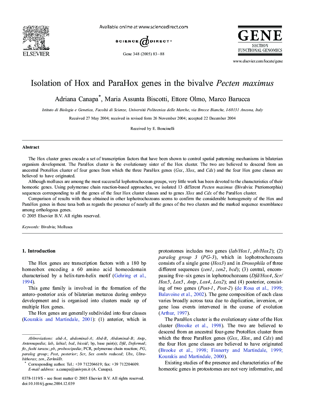 Isolation of Hox and ParaHox genes in the bivalve Pecten maximus