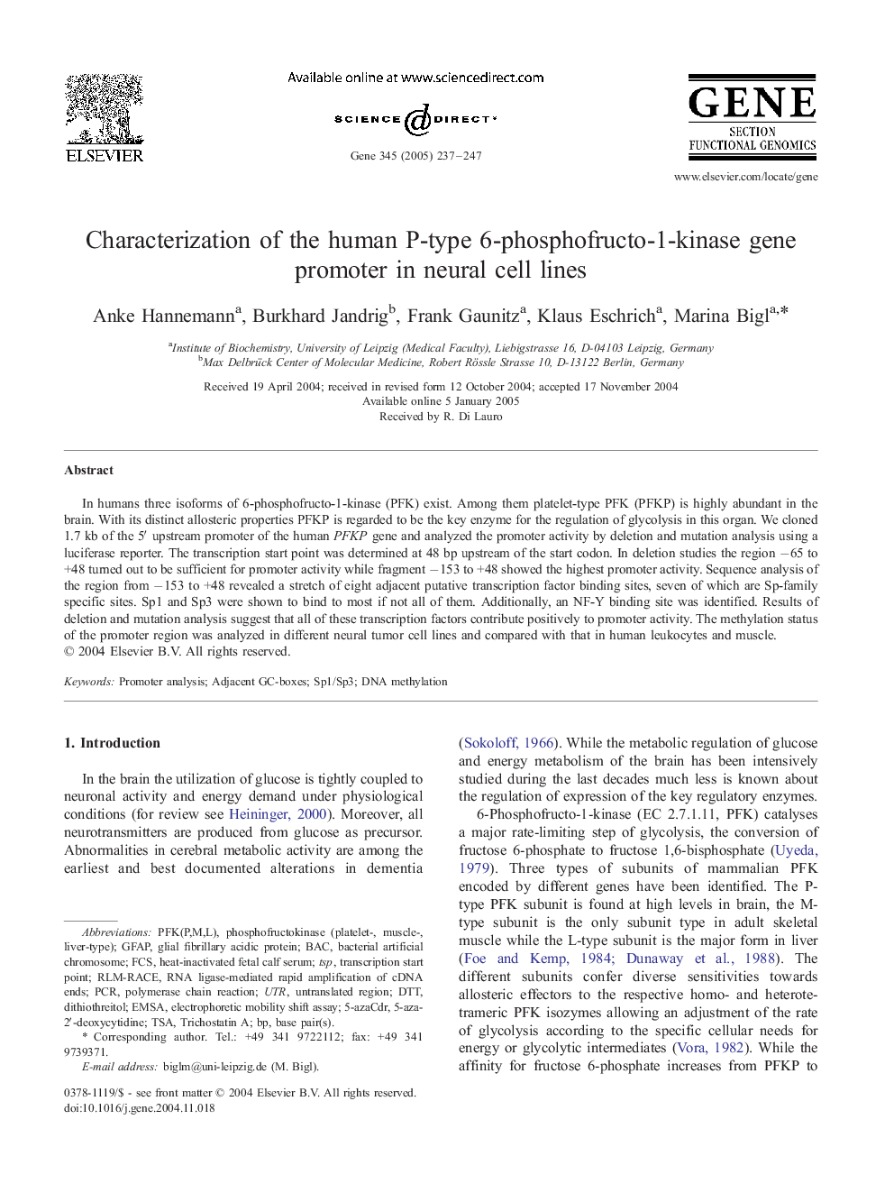 Characterization of the human P-type 6-phosphofructo-1-kinase gene promoter in neural cell lines