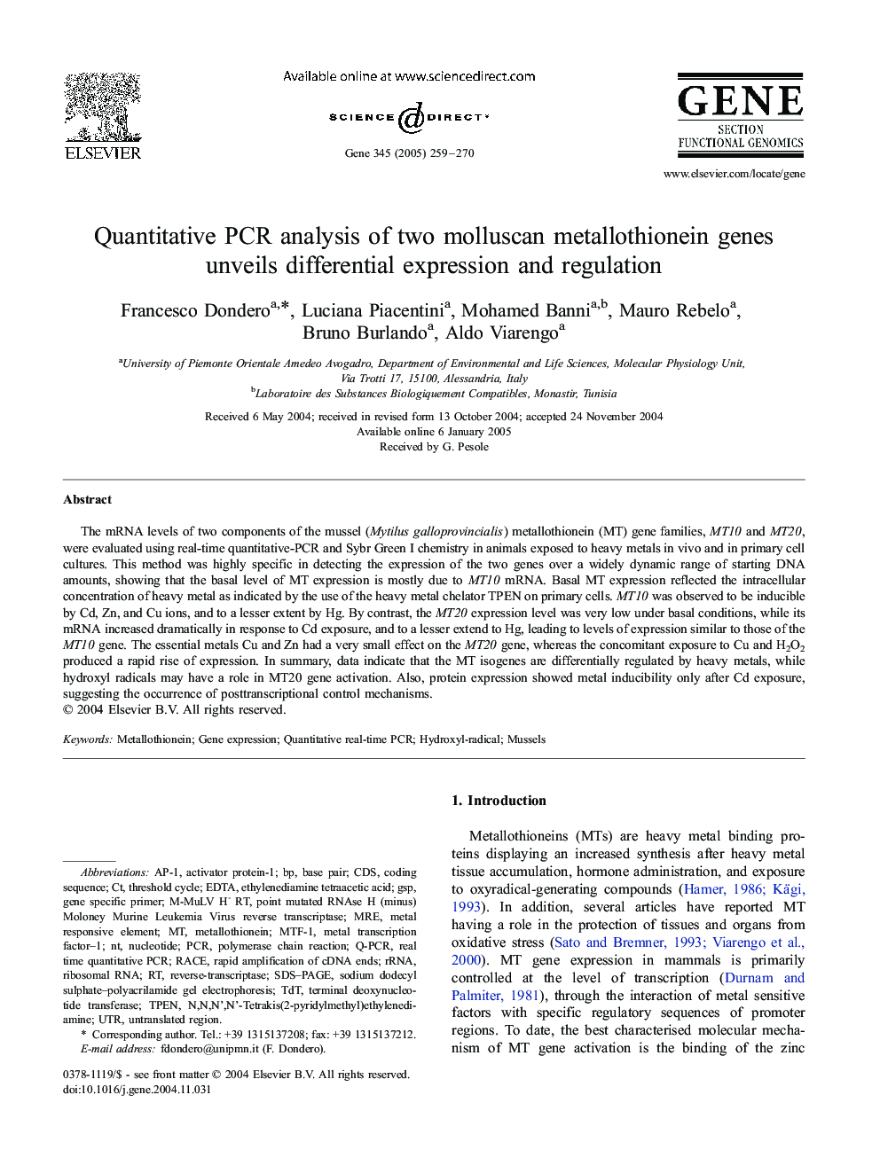 Quantitative PCR analysis of two molluscan metallothionein genes unveils differential expression and regulation